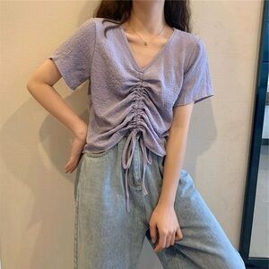 Lavender Purple Loose-Fit Adjustable Drawstring Ruched Front Short Sleeve